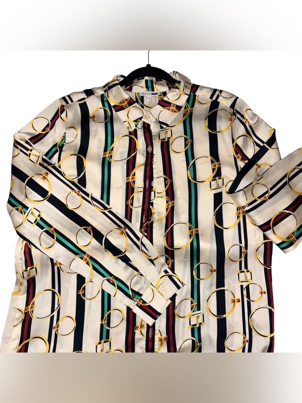Fashion Nova Cream Striped Button-Down Shirt with Gold Chain Print